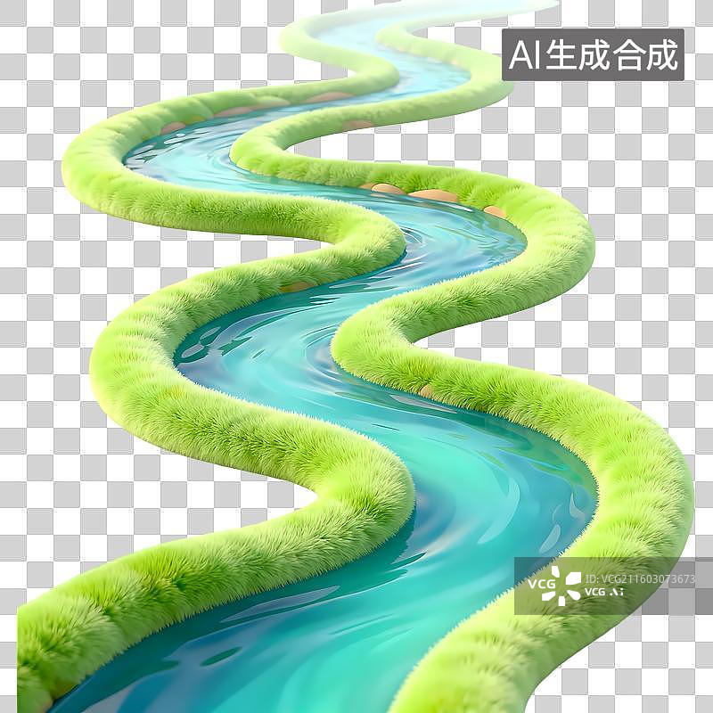 【AI数字艺术】河流蜿蜒3D卡通质感立体插画元素图片素材