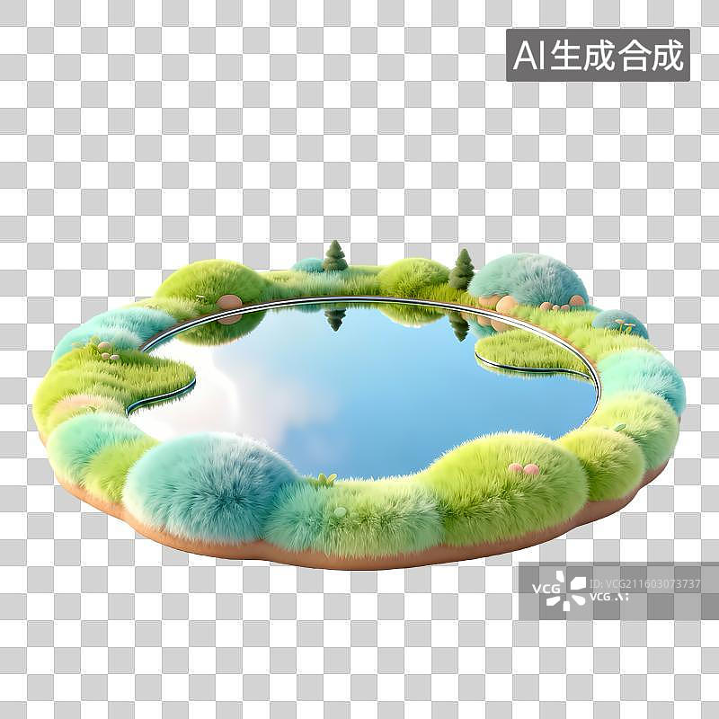 【AI数字艺术】镜面湖泊小岛3D卡通质感立体插画元素图片素材