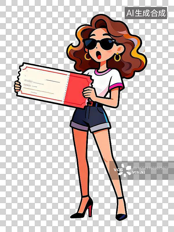 【AI数字艺术】手拿巨大优惠券的时尚女孩图片素材