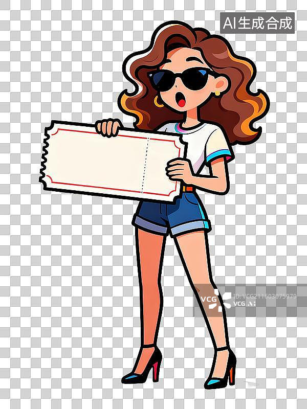 【AI数字艺术】手拿巨大优惠券的时尚女孩图片素材