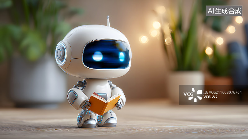 【AI数字艺术】一个小机器人正在看书自我学习图片素材