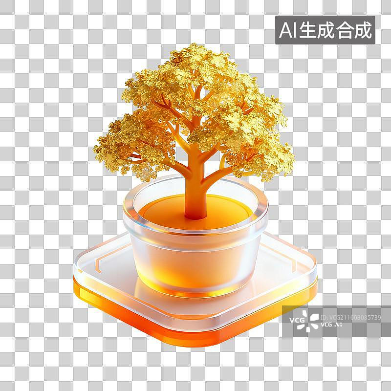 【AI数字艺术】透明盆中的金色艺术树图片素材