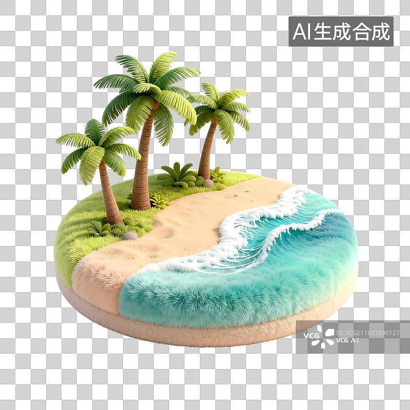 【AI数字艺术】海岛海浪椰子树3D卡通立体质感清新插画元素图片素材