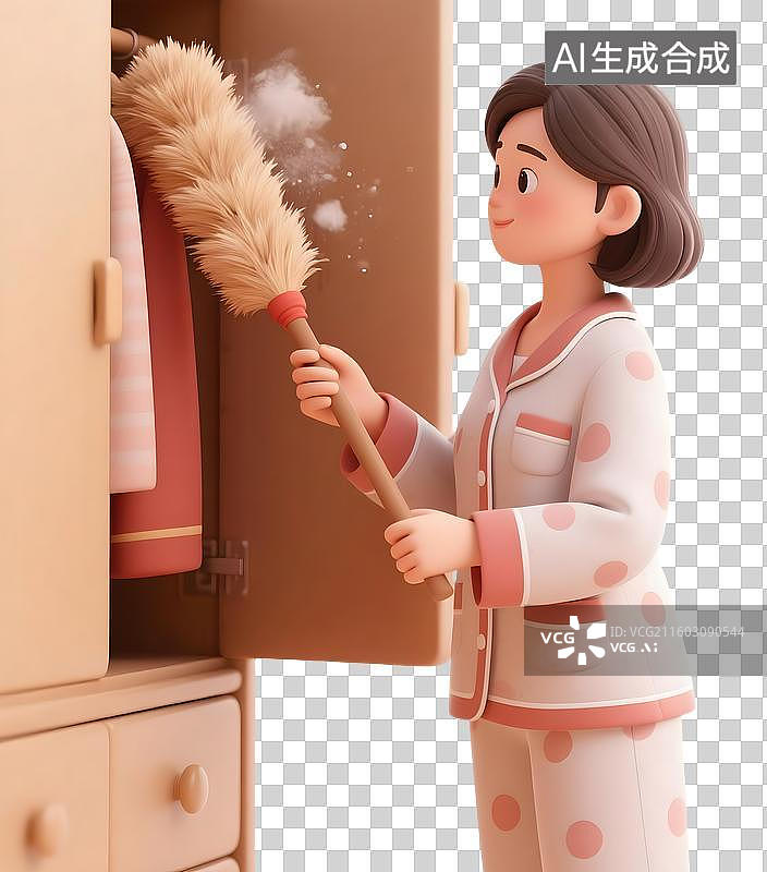 【AI数字艺术】AIGC：3D鸡毛掸子打扫衣柜上的灰尘，年俗，腊月二十四大扫除，元素，免抠图形图片素材