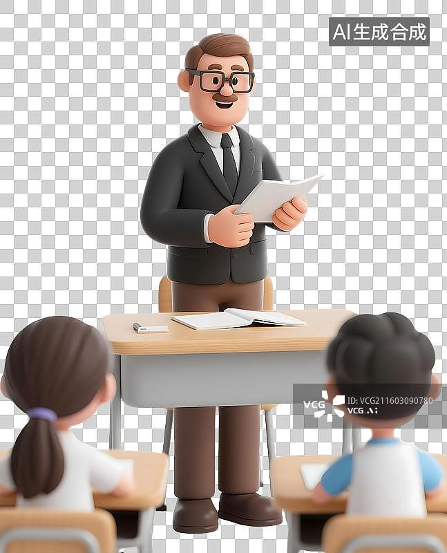 【AI数字艺术】AIGC：3D卡通认真讲课的老师和认真听课的学生，设计元素，免抠图形图片素材