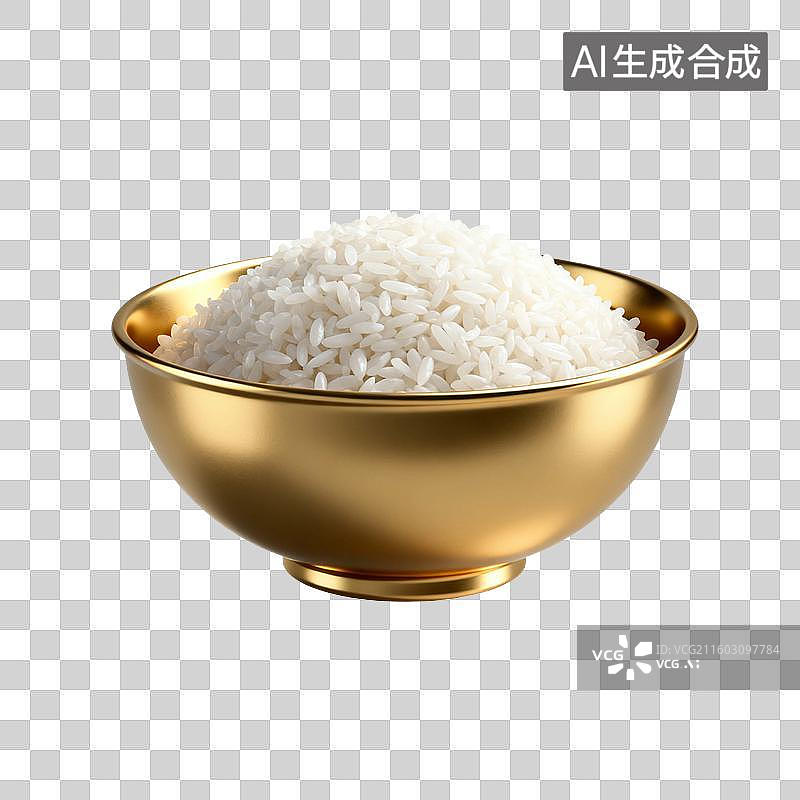 【AI数字艺术】3D渲染，金饭碗，一碗米饭，糯米，粳米主食免抠元素图片素材