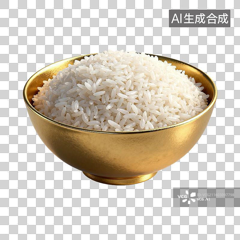 【AI数字艺术】3D渲染，金饭碗，一碗米饭，糯米，粳米主食免抠元素图片素材