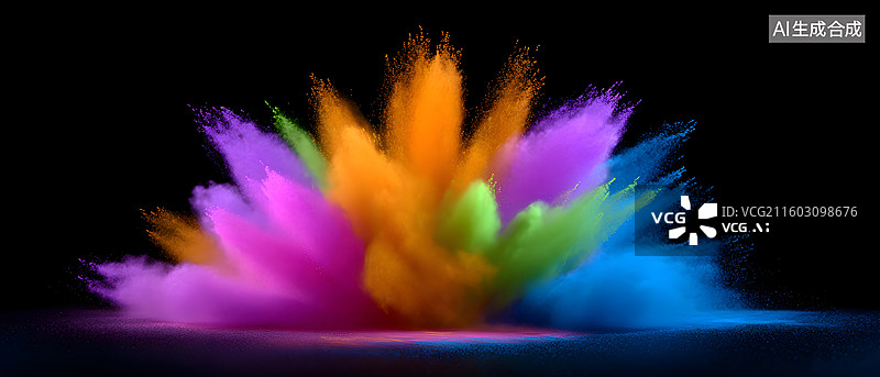 【AI数字艺术】彩色粉末在黑色背景中飞溅扩散图片素材