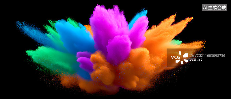 【AI数字艺术】彩色粉末在黑色背景中飞溅扩散图片素材