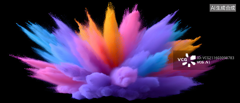 【AI数字艺术】彩色粉末在黑色背景中飞溅扩散图片素材