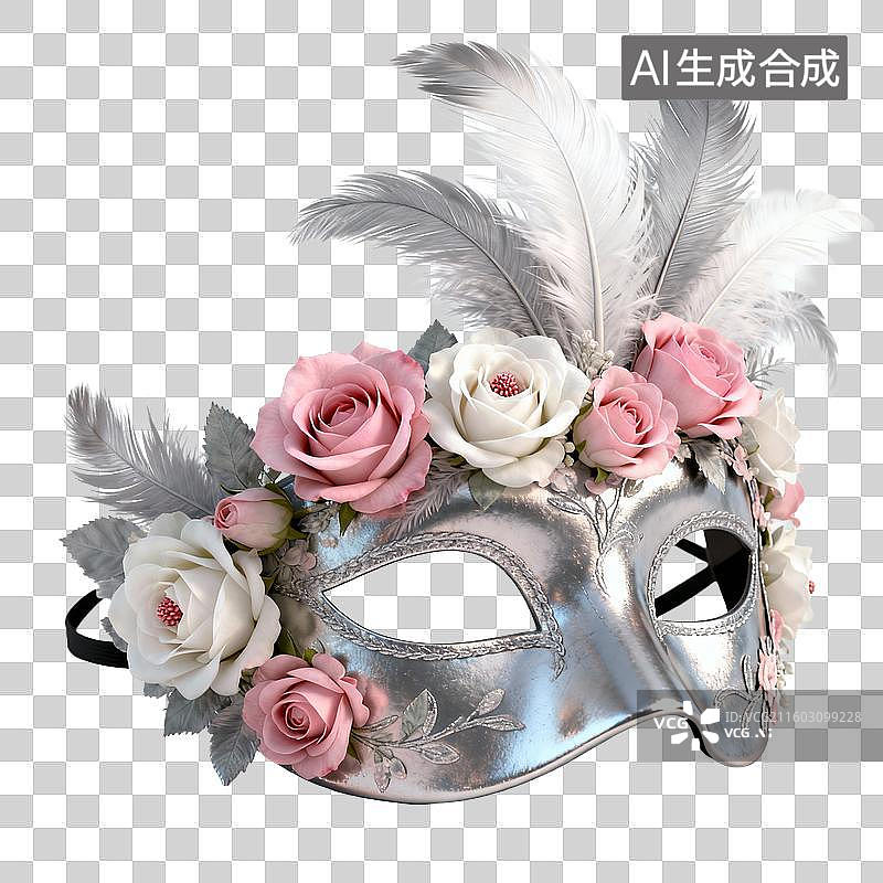 【AI数字艺术】华丽的银色面具装饰着玫瑰和羽毛图片素材