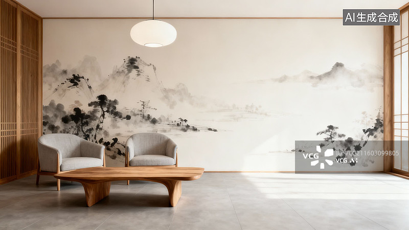 【AI数字艺术】简约中式客厅样板间图片素材