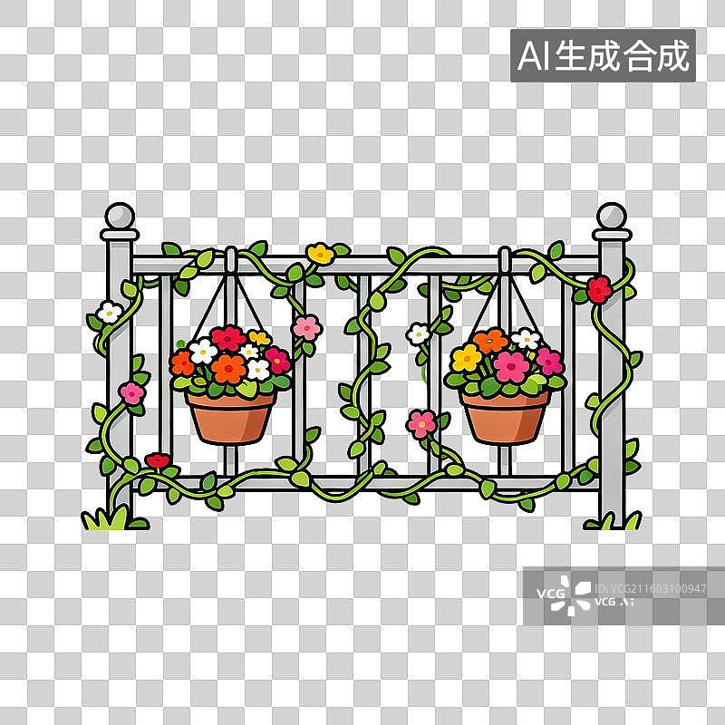 【AI数字艺术】花架上的悬挂花盆与藤蔓装饰图片素材