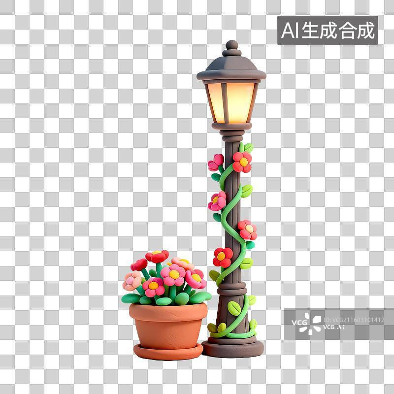 【AI数字艺术】装饰性花园路灯与花盆图片素材