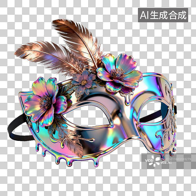 【AI数字艺术】华丽的彩虹面具装饰着羽毛和花朵图片素材