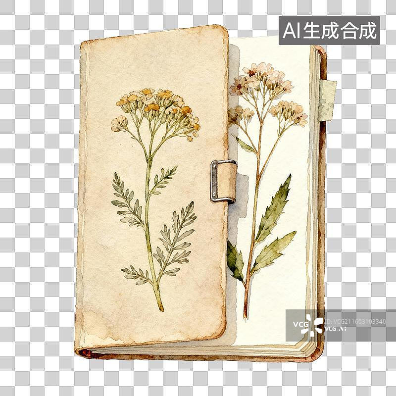 【AI数字艺术】一本打开的植物标本册封面和内页上绘有干花图案图片素材