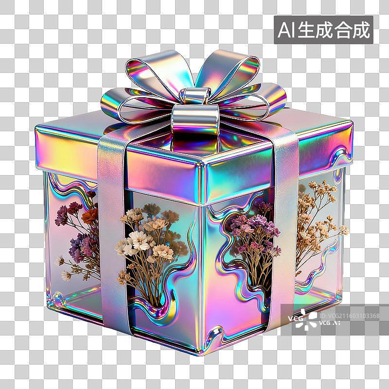 【AI数字艺术】彩虹光泽礼物盒内含干花图片素材