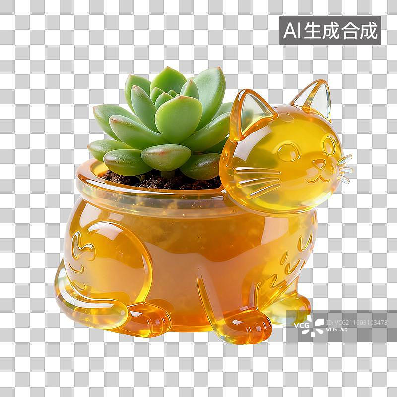 【AI数字艺术】透明猫咪造型花盆中的多肉植物图片素材
