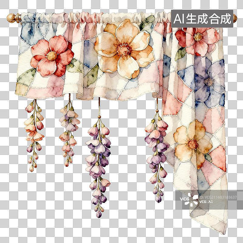 【AI数字艺术】花卉图案窗帘与垂挂薰衣草装饰图片素材