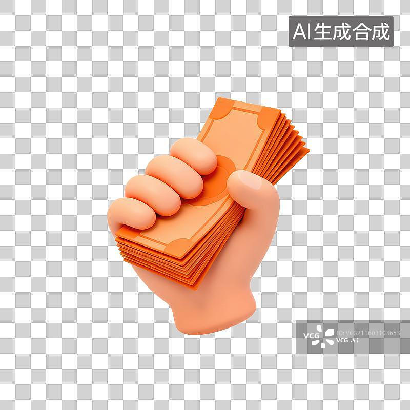 【AI数字艺术】3D粘土风格手势手拿钱币纸币元素图片素材