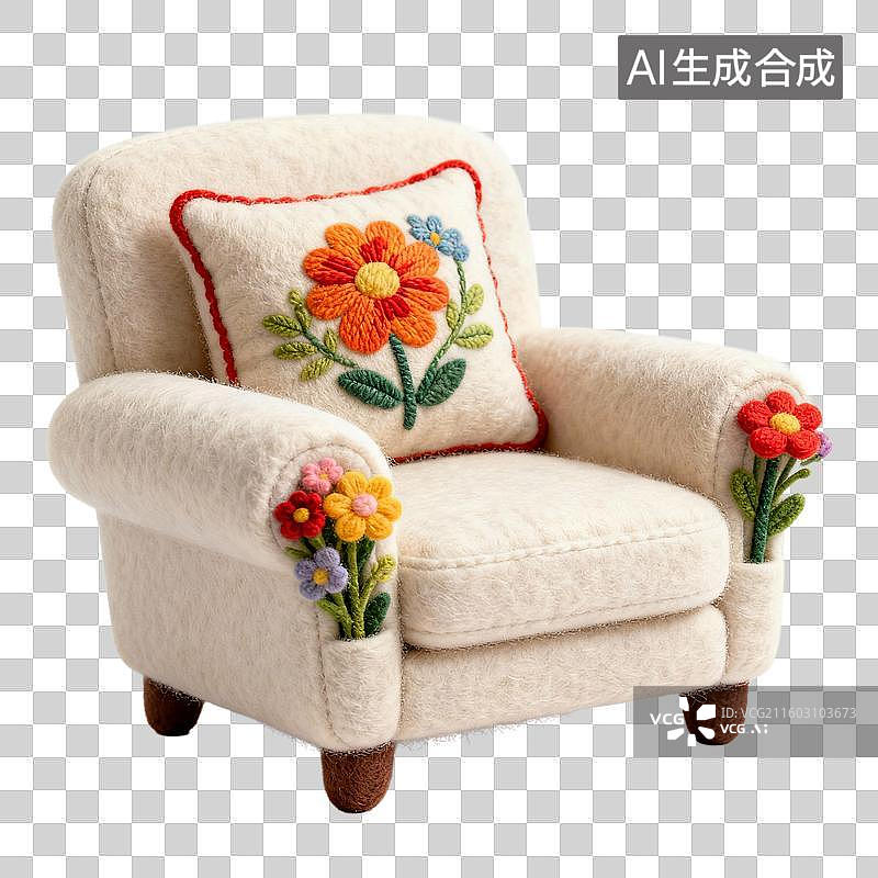 【AI数字艺术】带有花卉刺绣装饰的奶油色毛绒扶手椅图片素材