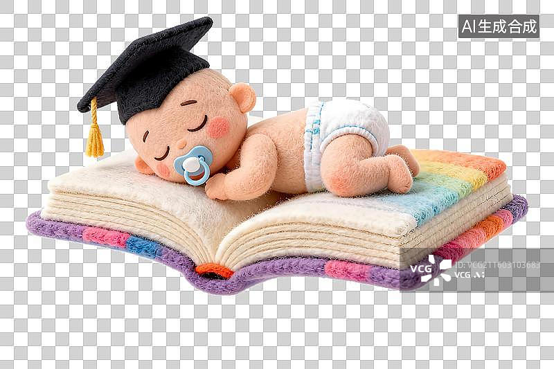 【AI数字艺术】3D一个可爱的婴儿带着学士帽穿着尿不湿趴在一本打开的书上做美梦，免扣元素图片素材