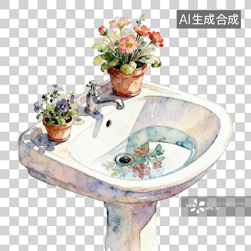 【AI数字艺术】水彩风格的洗手池与花卉装饰图片素材
