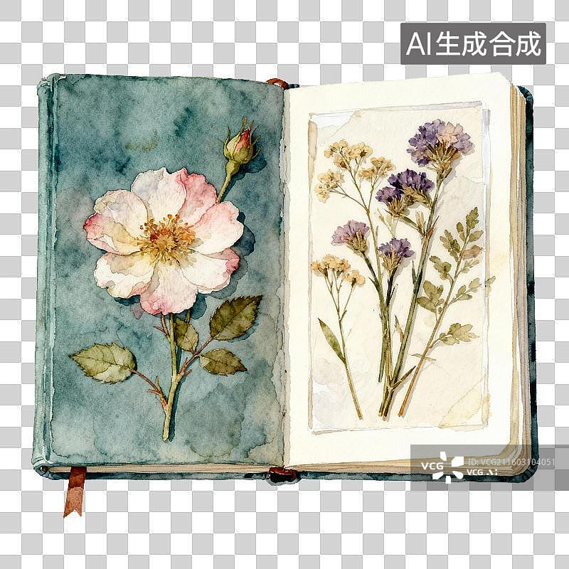 【AI数字艺术】一本打开的植物图鉴展示着精美的手绘玫瑰和干花标本图片素材