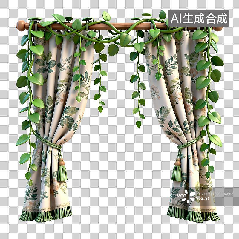 【AI数字艺术】绿植装饰的花卉窗帘图片素材