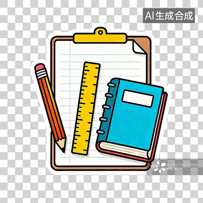 【AI数字艺术】铅笔、尺子、笔记本和夹板图片素材
