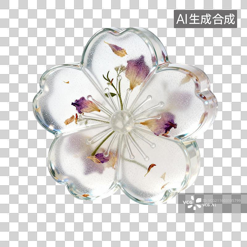 【AI数字艺术】透明花瓣形状的装饰品内含干花图片素材