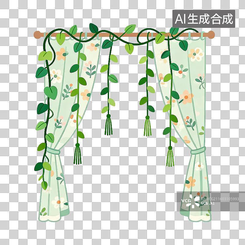 【AI数字艺术】带有绿叶藤蔓装饰的花卉窗帘图片素材