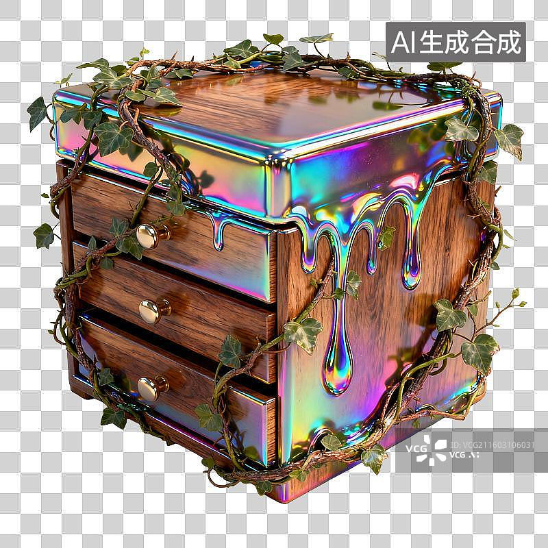 【AI数字艺术】彩虹光泽的藤蔓装饰木箱图片素材