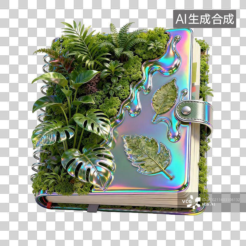 【AI数字艺术】绿色植物与彩虹书本的奇幻融合图片素材