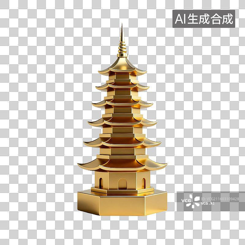 【AI数字艺术】3D渲染，塔，宝塔，金色宝塔，中式古代建筑，亭台楼阁，园林景观，免抠元素图片素材