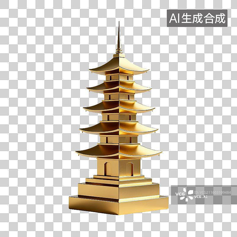 【AI数字艺术】3D渲染，塔，宝塔，金色宝塔，中式古代建筑，亭台楼阁，园林景观，免抠元素图片素材