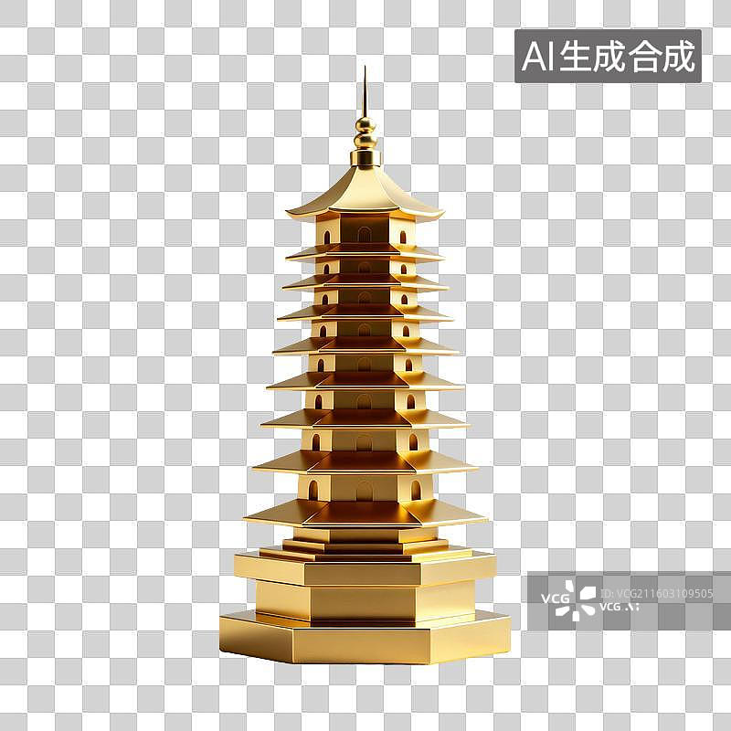 【AI数字艺术】3D渲染，塔，宝塔，金色宝塔，中式古代建筑，亭台楼阁，园林景观，免抠元素图片素材