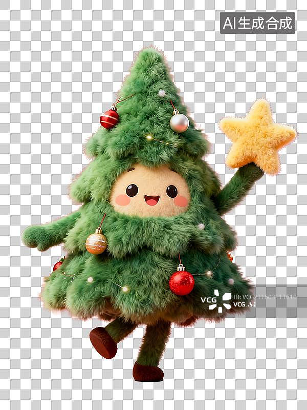 【AI数字艺术】手拿圣诞星的圣诞树3D卡通毛绒免抠元素图片素材