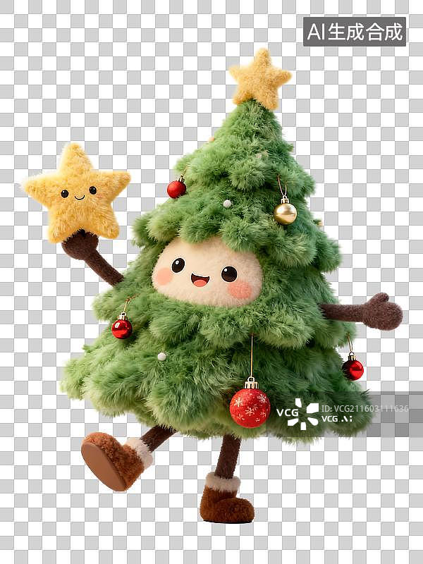 【AI数字艺术】手拿圣诞星的圣诞树3D卡通毛绒免抠元素图片素材