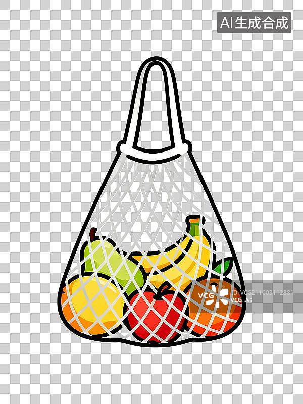 【AI数字艺术】彩色鲜亮的装在网兜里的水果扁平插画元素图片素材