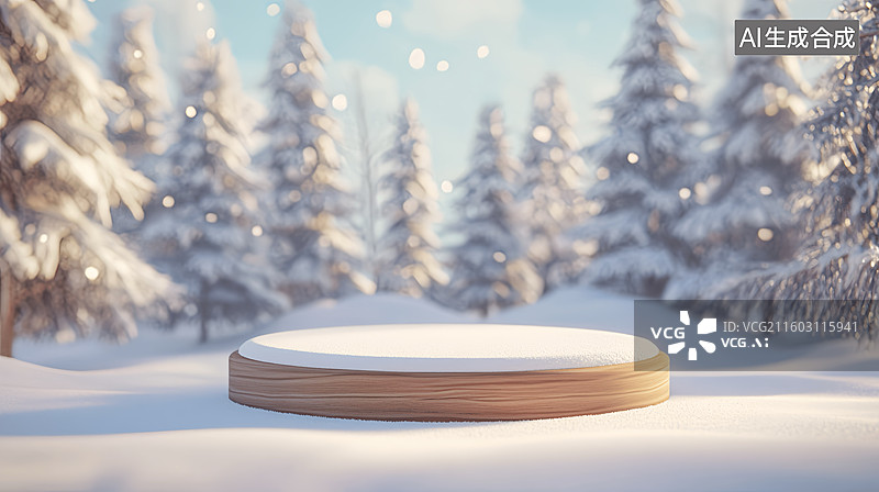 【AI数字艺术】冬天阳光雪地雪花电商产品展台圣诞节装饰氛围场景图片素材