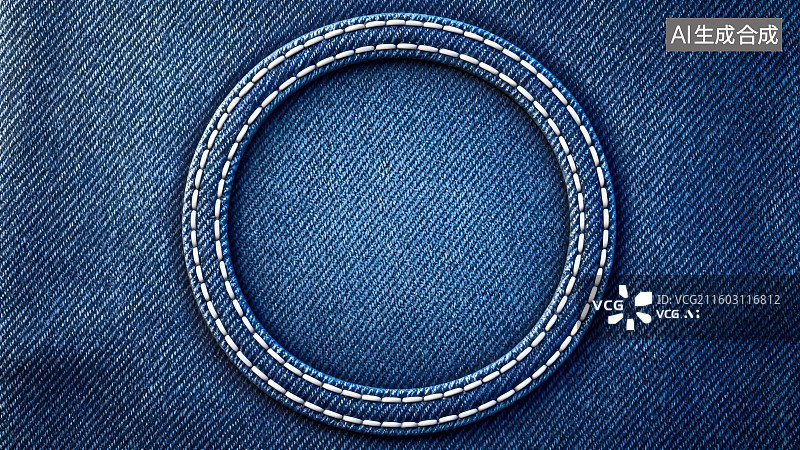 【AI数字艺术】蓝色牛仔布艺纹理缝线空白边框构图图片素材