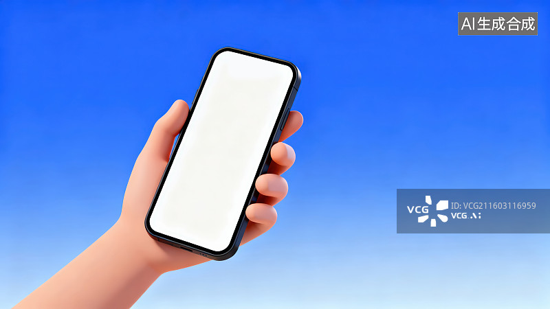 【AI数字艺术】蓝色渐变背景下手持白色完全屏幕智能手机图片素材