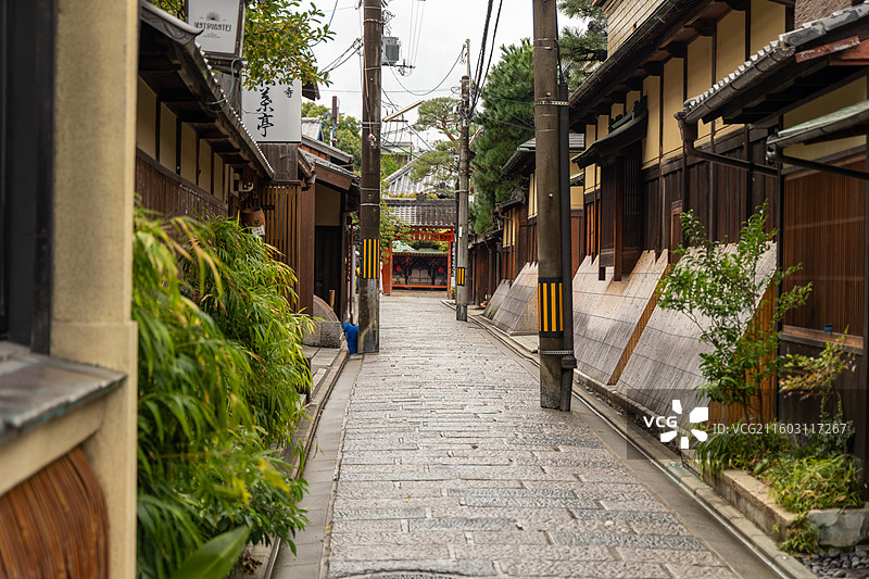京都石塀小路的幽深巷道：清晨雨后的宁静石板路图片素材