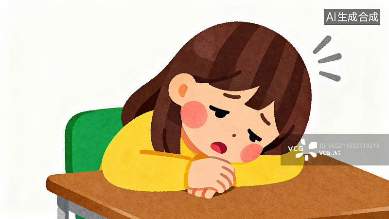 【AI数字艺术】纯色背景下一个卡通小女孩趴在桌子上发困状态图片素材