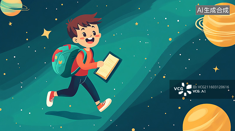 【AI数字艺术】男孩背着书包在太空奔跑图片素材