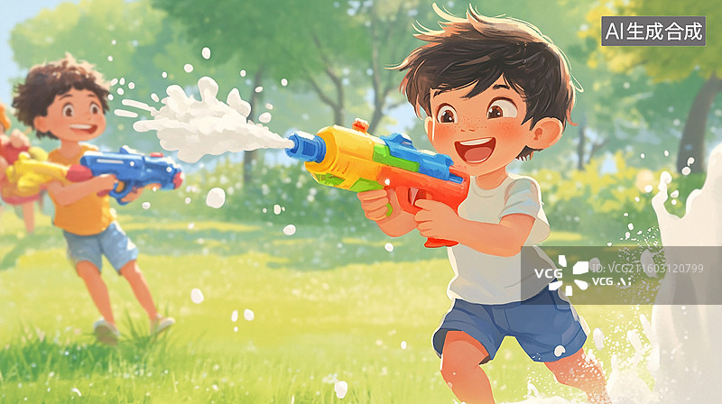 【AI数字艺术】夏日儿童戏水水枪大战图片素材