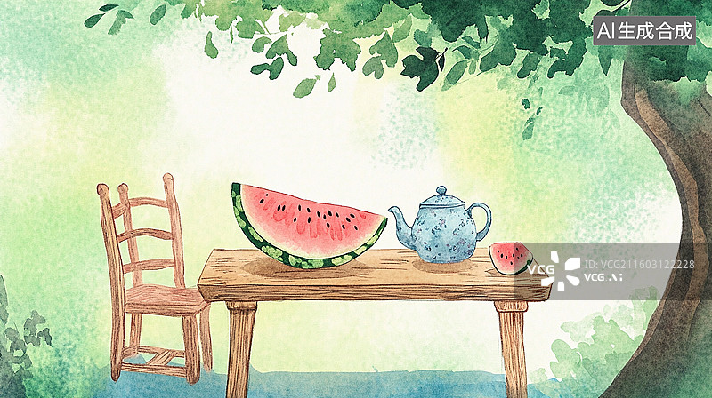 【AI数字艺术】夏日乘凉西瓜茶歇图片素材