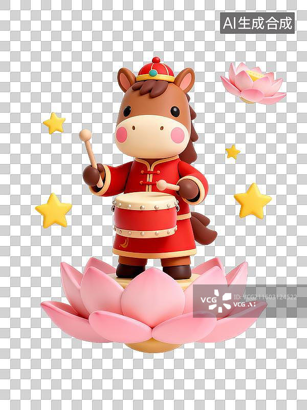 【AI数字艺术】3D马年“玄学”祈福元素：捧着敲鼓，锣鼓喧天图片素材