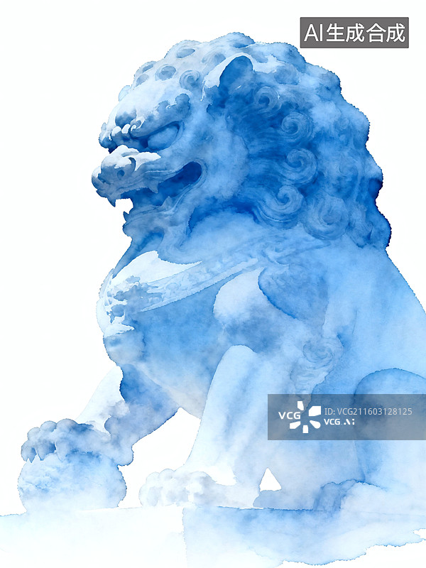 【AI数字艺术】蓝色水彩石狮子，毛发浓密卷曲，眼神威严图片素材